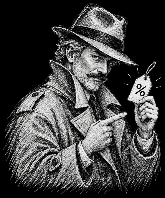 Mister Magelo montre une étiquette de réduction